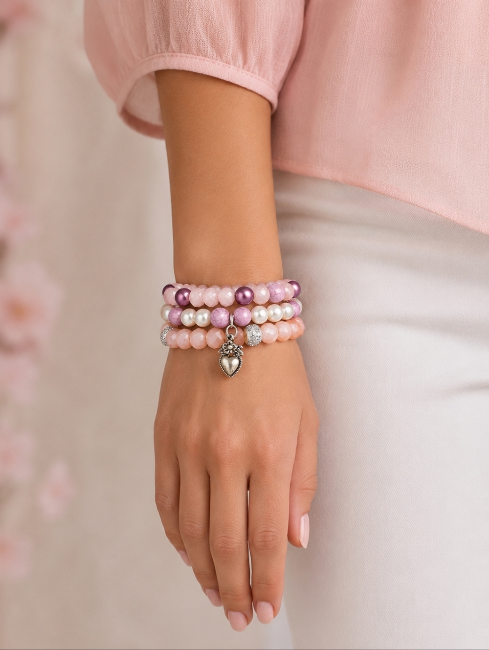 Elegant Pink and Purple Beaded Stack Bracelet Set